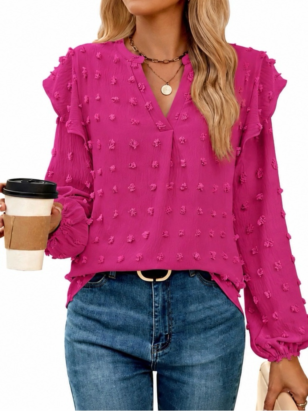 💖 ZESICA Swiss Dot Ruffle Blouse | Fuchsia Pink | Size L